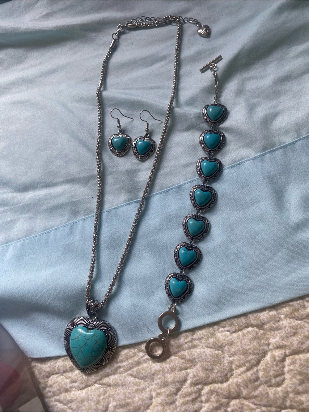 Silver-Tone Turquoise Heart Jewelry Set - Necklace, Bracelet & Earrings